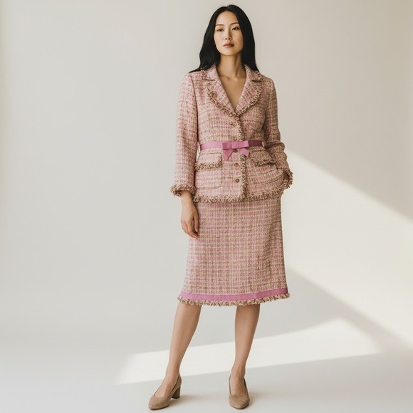 JÔN Dresses & Skirts - JÔN Pink Tweed Skirt Suit Set Size 10 Fringe Trim Bow Detail 3/4 Sleeve Blazer